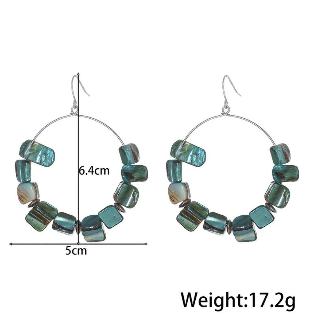 Bohemian Ivory & Brown Abalone Shell Beaded Dangle Hoop Earrings NEW - Picture 3 of 4